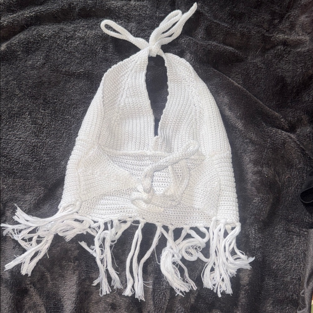 SHEIN White Crochet Fringe Halter Hat - Picture 2 of 3